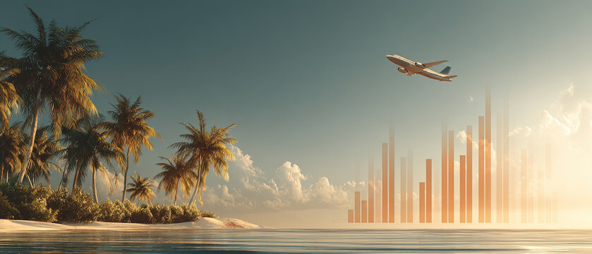 Airplane flying over tropical island with palm trees and abstract bar graph, symbolizing tourism and economic growth under golden sunset.