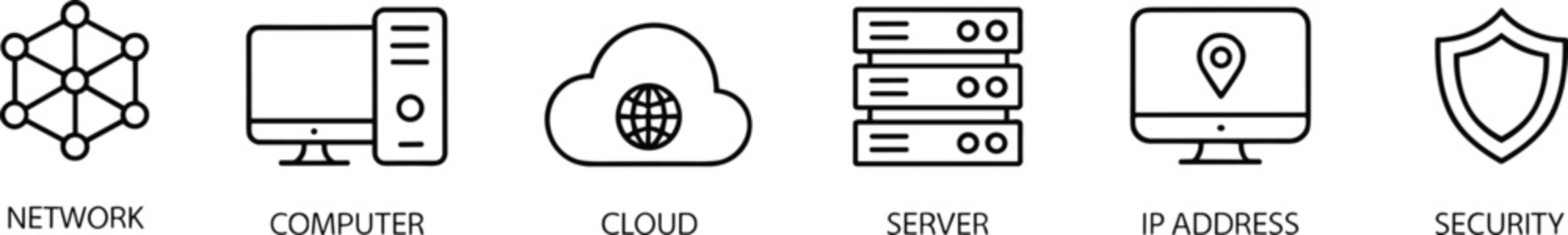 Information technology and cloud computing linear icon set featuring network connection computer hardware global database server storage ip address security shield vector