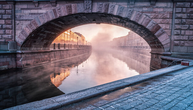 Sunlit Stone Bridge Arch Over Quiet River at Dawn.