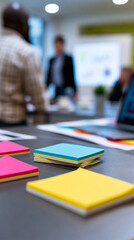 Colorful sticky notes on desk during business meeting with blurred presentation in background symbolizing teamwork planning and strategy © Curioso.Photography