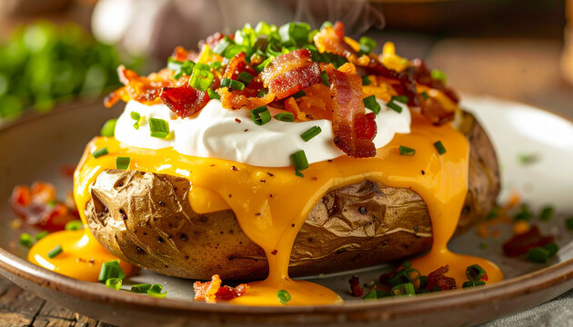 Steaming baked potato overflowing with melted cheddar cheese, thick sour cream, crunchy bacon and fresh chives. Tasty food. Appetizing dish. Close-up.
