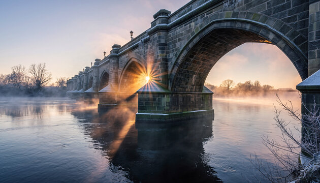 Dawn Mist Over Historic Stone Arch Bridge at Waterfront.
