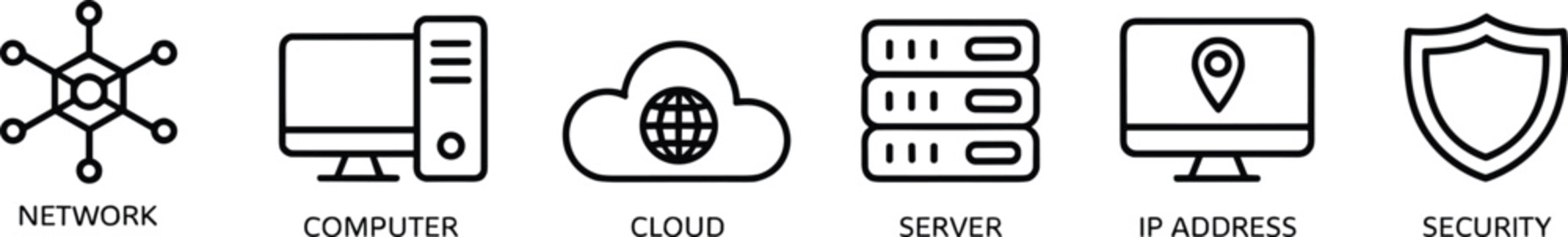 Information technology and cloud computing linear icon set featuring network connection computer hardware global database server storage ip address security shield vectorInfori