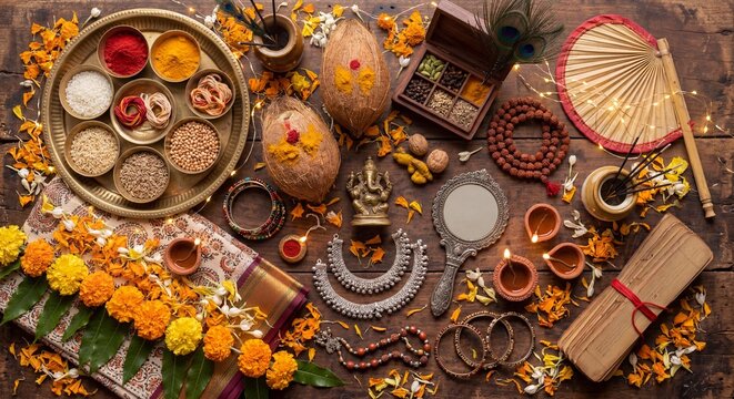 Traditional Hindu puja items arranged on rustic wooden background with sacred offerings flowers and ritual accessories