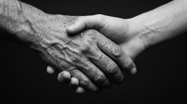 Close up of an elderly hand shaking a young hand in a gesture of support and mutual trust with handshake, generations