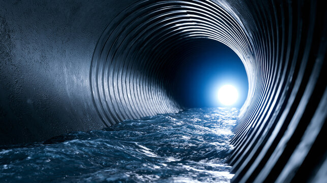 Water flowing inside illuminated tunnel pipe with perspective depth symbolizing sewage system infrastructure and fluid transport