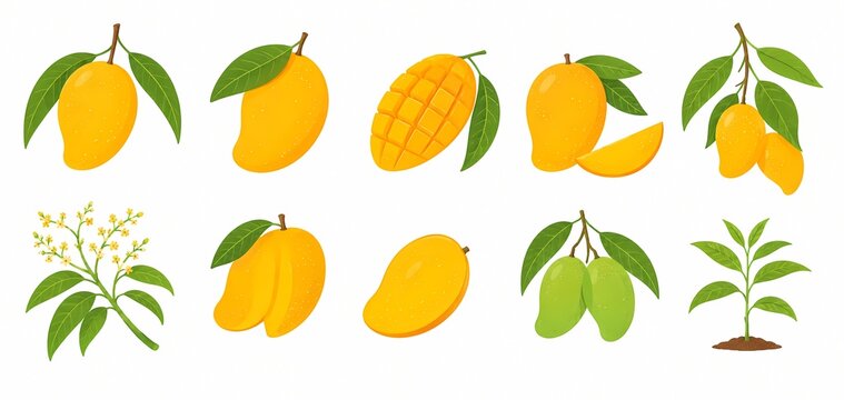 Mango fruit set watercolor illustration whole half slices with pit leaves and plant isolated on white background