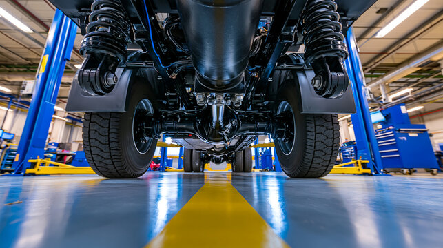Vehicle chassis underside in automotive factory showing suspension system and drivetrain components symbolizing engineering and manufacturing