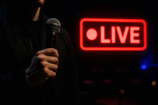 A person holding a microphone stands in darkness near a bright red "LIVE" sign.