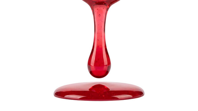 Vibrant red liquid drop falling on transparent background, thick ruby syrup dripping into a puddle, glossy crimson oil or serum droplet for beauty and food design