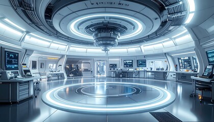 Fototapeta premium Futuristic Spaceship Bridge with Holographic Displays and Circular Command Center.