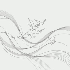 Fototapeta premium Flying swallows with wavy lines background birds minimalist art line art