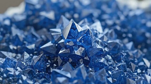 A close up view of many sharp and deep blue crystal structures