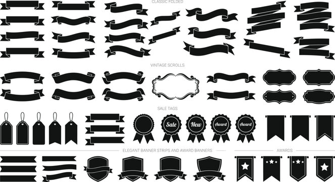 Vintage black ribbon banners scrolls sale tags badges and awards vector silhouettes collection isolated on white background for graphic design elements