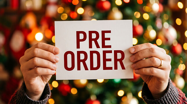 Person holding pre-order sign with christmas lights