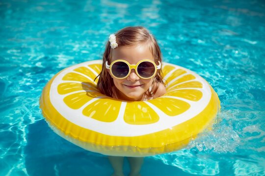 Portrait happy little girl wearing stylish round sunglasses, bathing, floating on a bright yellow lemon slice inflatable ring inside a sparkling clear blue swimming pool during summer