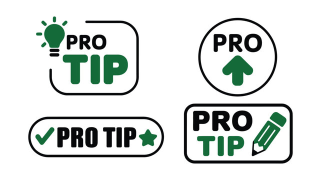 Pro tip badges and expert advice label set featuring professional tip stickers, tutorial markers, best practice seals, and helpful hint vector icons.