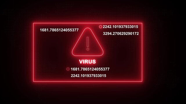 Cybersecurity alert warning screen featuring a glowing red neon virus notification symbol with rapidly changing digital data streams and encrypted binary code for advanced network threat detection