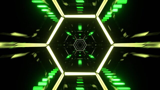 Green Flying Through Futuristic Neon Hexagonal Corridor with Glowing Tech Lights Background VJ Loop in 4K
