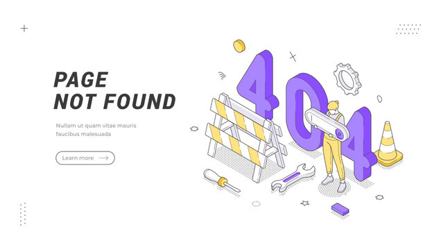 Isometric vector illustration of a 404 error page not found concept. Digital technology connection problem, system failure, or warning message for a web banner or landing page design element
