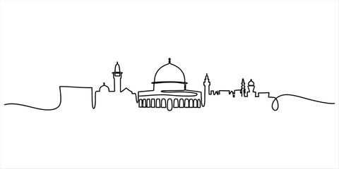 Minimalist continuous line drawing of the dome of the rock and jerusalem skyline © Pabon Art Gallery