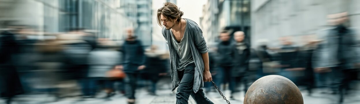 Person dragging iron ball and chain through busy urban street surrounded by indifferent crowd, depression and mental health awareness concept, copy space