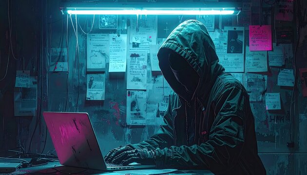 Mysterious Hacker in Dark Room Working on Laptop.
