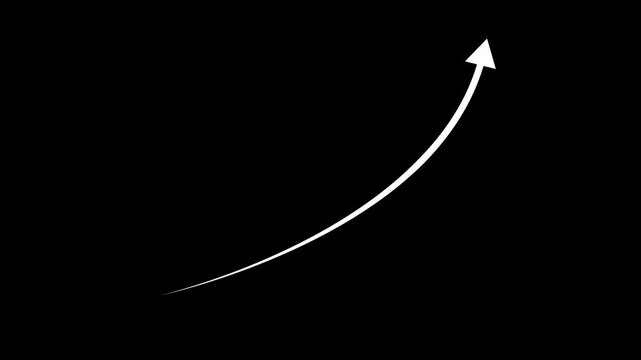 White arrow animation rises on a clean black background, moving diagonally upwards and to the right, illustrating growth, progress, and success visually.