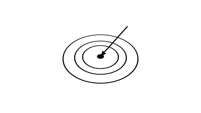Minimalist isometric target animation featuring black arrow moving from top right corner to central bullseye point on white background creating focused concept.