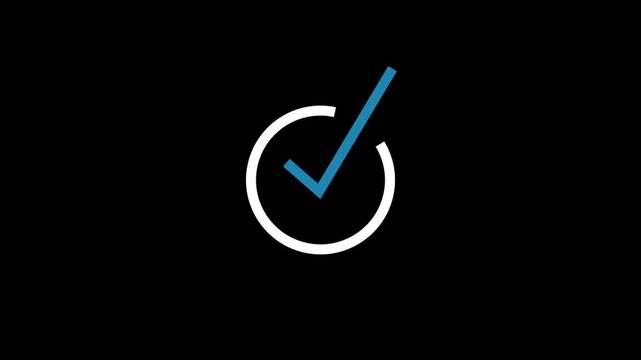 Animated check mark icon inside circular ring isolated on black background for digital task completion verification web interface confirmation and status graphic loop.