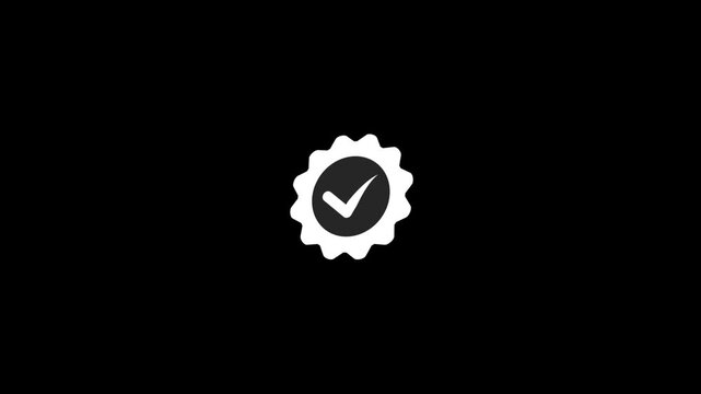 Clean animation of white check mark appearing in center of black circle with white wavy border against solid black background motion footage.