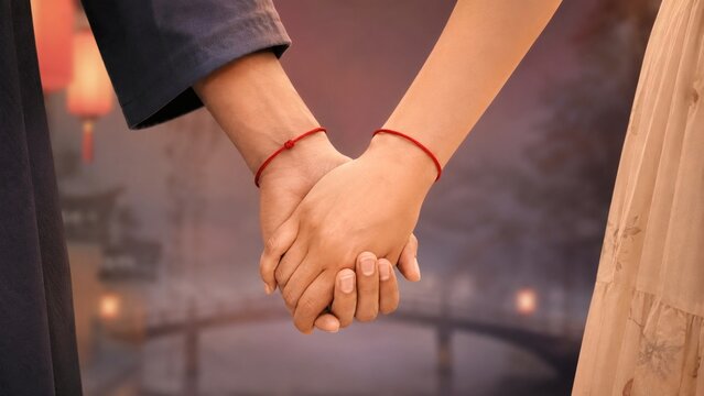 Couple holding hands with red string bracelets at an evening ceremony, with close hands, formal clothing, soft lantern light, and blurred background.