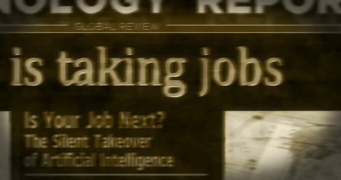 Ai is taking jobs breaking news on vintage microfilm reader. Artificial intelligence, layoff and job loss title headline newspaper on retro microfishe. Information media print looped animation. 