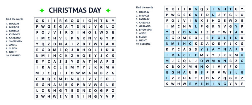 Christmas-themed word search puzzle with highlighted answers  