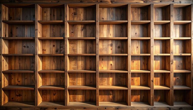 Empty Wooden Bookshelf Interior with Natural Light and Shadows.