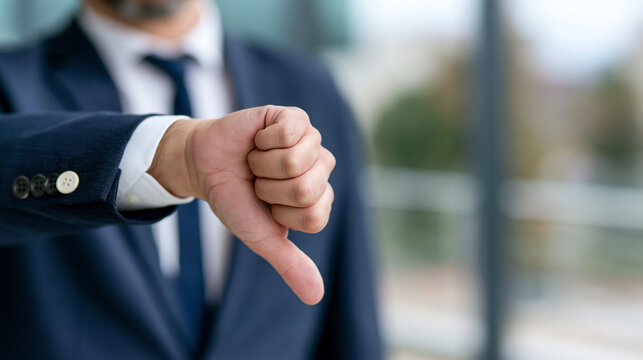Businessman showing thumbs down gesture, expressing disapproval, rejection or negative feedback in a professional setting.