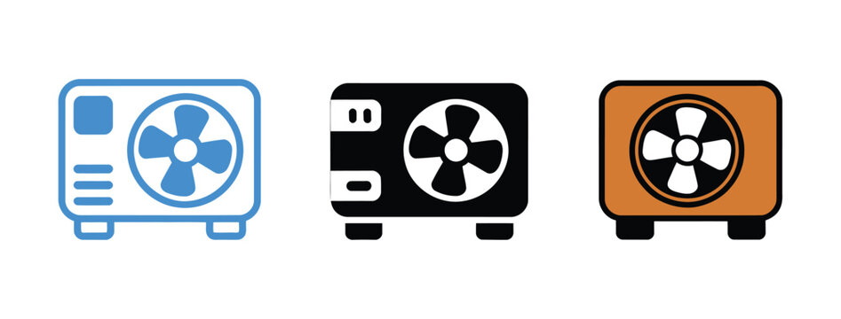 AC outside unit icon vector featuring HVAC cooling system symbols for air conditioning, climate control, ventilation, and building maintenance concepts.