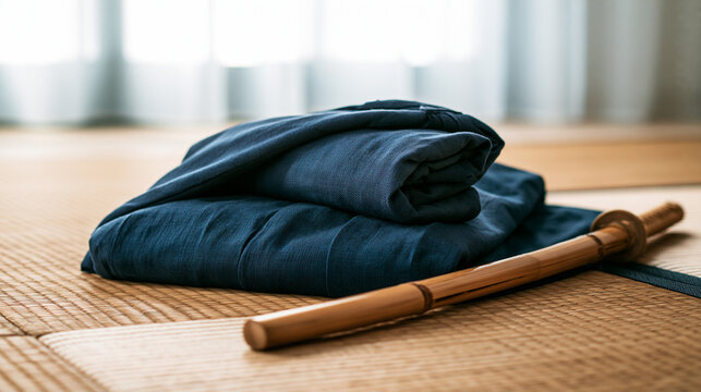hakama. A neatly folded deep blue hakama and bamboo sword on tatami mat flooring. event programs, museum guides, designed for cultural heritage projects and event programs, supports education.