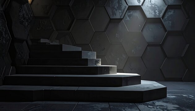 Dark Hexagonal Chamber with Stone Steps and Dramatic Lighting.