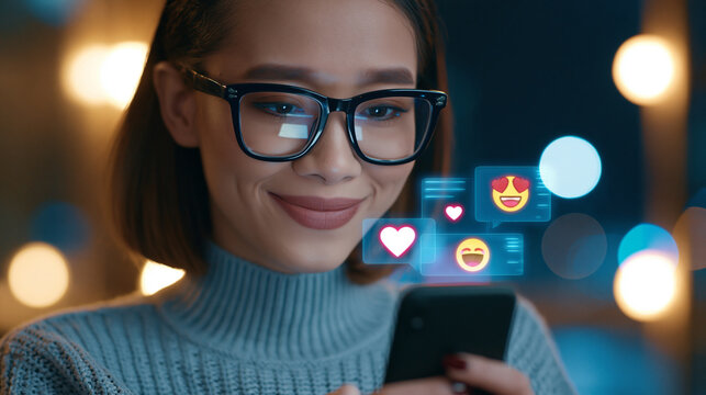 Young woman using a smartphone with floating social media reaction icons, representing digital communication, online engagement, social networking and mobile technology.