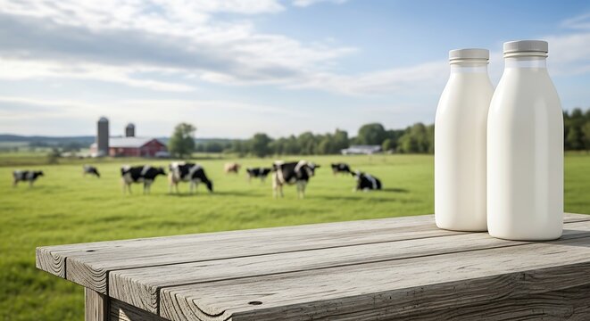 Fresh farm milk bottles on wooden table with dairy cows grazing rural landscape