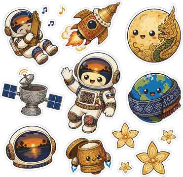 Cute Lao Culture Astronaut and Traditional Elements Space Sticker Sheet Vector