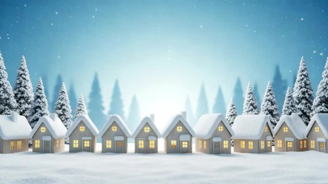 Winter Village Charm: A quaint row of snow-covered houses nestles amidst a serene winter forest, with warm lights glowing from their windows, creating a picturesque and cozy scene.