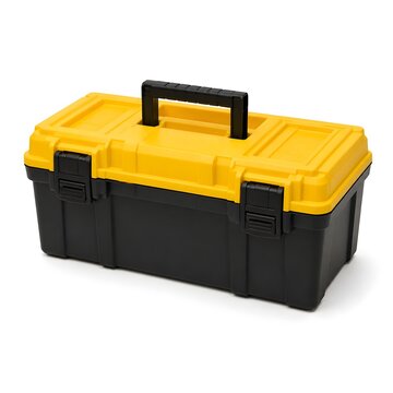 A black and yellow toolbox is sitting on a flat surface. The toolbox has a handle and clips for secure closure. It is empty and ready for tools and supplies