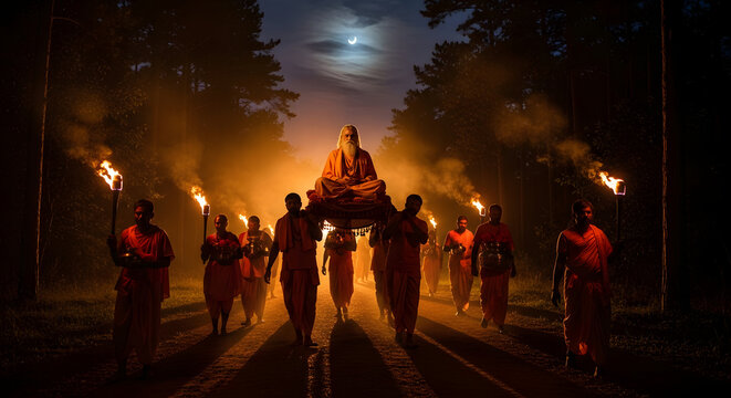 Guru purnima procession with spiritual leader and torches at night