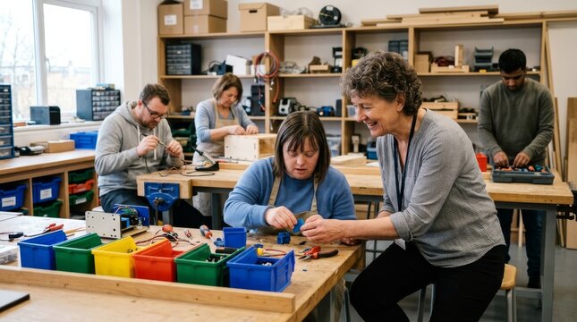 Inclusive workshop with adults of diverse backgrounds engaged in electronics and robotics projects