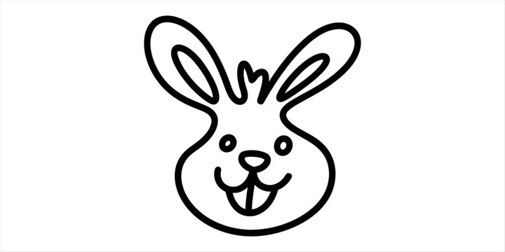 Cute cartoon bunny rabbit face doodle, simple black outline, happy expression