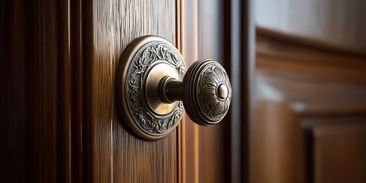 Brass door knob on ornate wooden door panel textured surface detail.