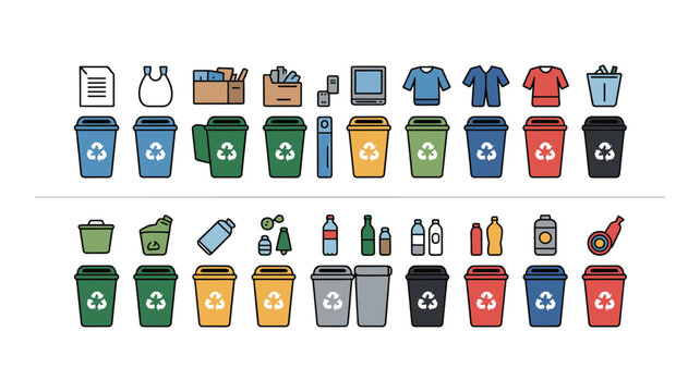 Adobe Illustrator ArtworkColorful recycling bins collection with various waste types icons flat design illustration