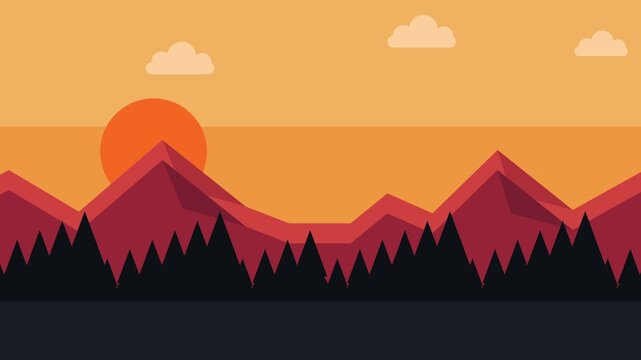 Cartoon sunset mountain forest landscape loop background animation. Parallax side scrolling